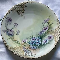 Limoges T&V Cabinet Plate Hand Painted Floral with Gold Lattice Scroll Signed