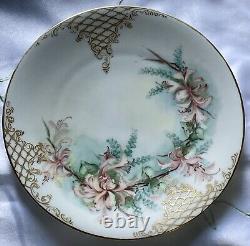 Limoges T&V Cabinet Plate Hand Painted Floral with Gold Lattice Scroll Signed