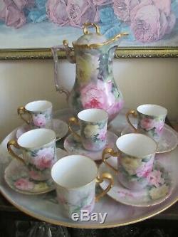 Limoges T&V Handpainted Chocolate Set Tray Cup And Saucer Pot Roses Gold Signed