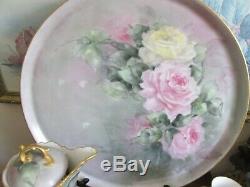 Limoges T&V Handpainted Chocolate Set Tray Cup And Saucer Pot Roses Gold Signed