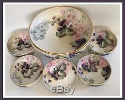 Limoges T&V Porcelain Hand Painted Blackberries Fruit/Berry/Serving Bowls 6 PCS