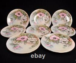 Limoges T&V Set of 8 Plates Pink & White Poppies Artist M. O'Neill HTF 1892-1907
