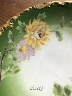 Limoges T&V TWO Green Plate Hand Painted Pink Yellow Chrysanthemums withGold
