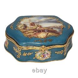 Limoges Trinket Box Hand Painted Dutch Landscape Hinged 5.5 Turquoise Blue