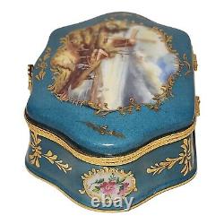 Limoges Trinket Box Hand Painted Dutch Landscape Hinged 5.5 Turquoise Blue