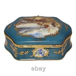 Limoges Trinket Box Hand Painted Dutch Landscape Hinged 5.5 Turquoise Blue