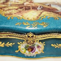 Limoges Trinket Box Hand Painted Dutch Landscape Hinged 5.5 Turquoise Blue