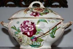 Limoges Tureen Bowl Huge Cabbage Roses & Butterflies Marshall Redon Antique