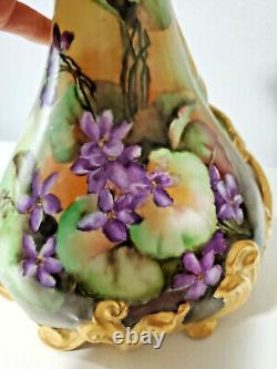 Limoges Wm Guerin Hand Painted Pitcher with Violets and Gilded 15.25