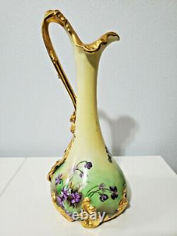 Limoges Wm Guerin Hand Painted Pitcher with Violets and Gilded 15.25