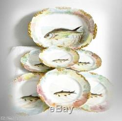 Limoges hand painted fish platter and plates set