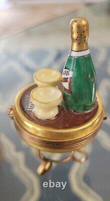 Limoges hand painted trinket champagne bottle/2 glasses on a stand 1998/limited
