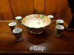Limoges handpainted peach fruit gold trim 10 wide 4.5 tall punch bowl set