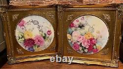 Limoges plaque chargers plates wall Pair roses and mums hand painted framed