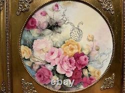 Limoges plaque chargers plates wall Pair roses and mums hand painted framed
