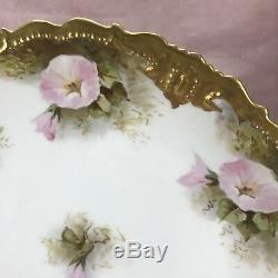 Louis Strauss & Sons Limoges Hand Painted Pink Morning Glories & Gold Cake Plate