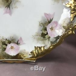 Louis Strauss & Sons Limoges Hand Painted Pink Morning Glories & Gold Cake Plate