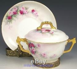 Lovely Limoges Hand Painted Roses Covered Bouillon Cup & Saucer Artist Signed