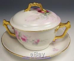 Lovely Limoges Hand Painted Roses Covered Bouillon Cup & Saucer Artist Signed