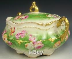 Lovely Limoges Hand Painted Roses Raised Gold Covered Cracker Biscuit Jar