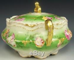 Lovely Limoges Hand Painted Roses Raised Gold Covered Cracker Biscuit Jar