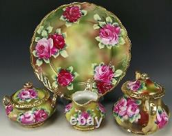 Lovely Nippon Hand Painted Roses Gold Teaset Pot Creamer Sugar Charger