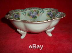 Lovely Rare Antique Hand Painted Footed Porcelain Colander Strainer Gold Beaded