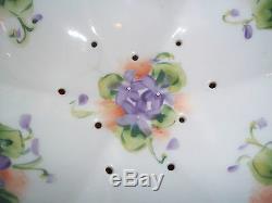 Lovely Rare Antique Hand Painted Footed Porcelain Colander Strainer Gold Beaded