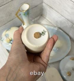 MZ Austria/Limoges Hand Painted Porcelain Forget Me Not 9 Piece Vanity Set EUC