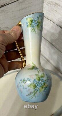 MZ Austria/Limoges Hand Painted Porcelain Forget Me Not 9 Piece Vanity Set EUC