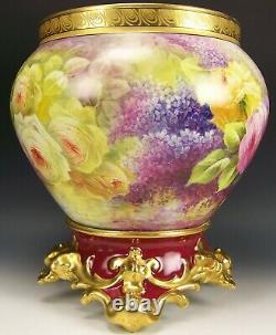 Magnificent Limoges Handpainted Floating Roses Lilacs Large Jardiniere & Base