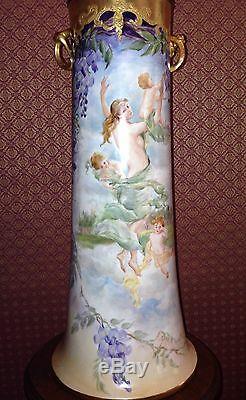 Magnificent Limoges Woman Cherubs Wisteria Vase Lamp Hand painted