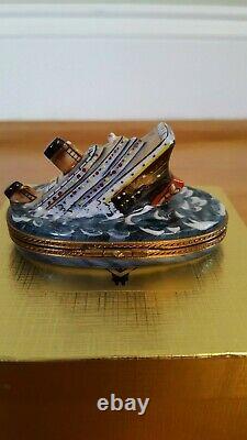 NIB Rare. Retired. Limoges Box Sinking Titanic, withTiny Little Life Boat Inside