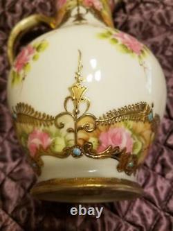 Nippon Hand Painted Jeweled Raised Gold Rose Chocolate Pot