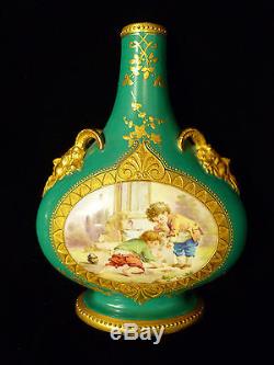 PAIR OF EARLY ROYAL WORCESTER GILT HAND PAINTED SCENIC VASES With CHILDREN C 1865