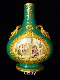 PAIR OF EARLY ROYAL WORCESTER GILT HAND PAINTED SCENIC VASES With CHILDREN C 1865