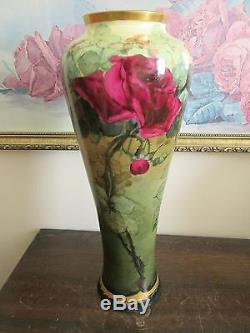 PL Limoges France Hand Painted Red Roses Vase Signed M. B. A. Sleeper 13.5