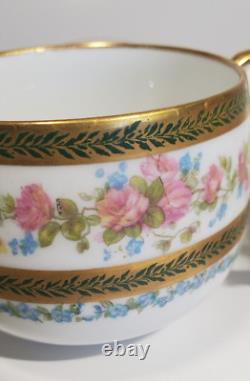 Pair French Limoges Hand Painted Pots De Creme Rose Florals Green Laurel Gilt