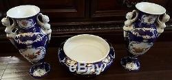 Pair Of French Limoges Porcelain Vases Ormolu 22 Kt Hand Painted & Matching Bowl