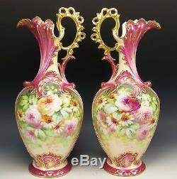 Pair Of Limoges Handpainted Courting Couples Roses 15.25 Tankards Pitchers Rare