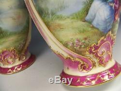 Pair Of Limoges Handpainted Courting Couples Roses 15.25 Tankards Pitchers Rare