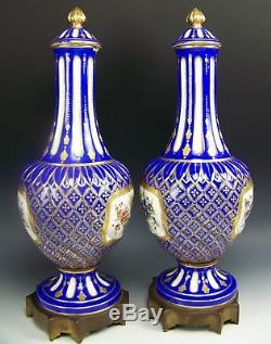 Pair Of Sevres France Hand Painted Flowers Raised Gold 17 Covered Urns Vases
