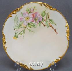 Pair of JP Limoges Hand Painted Pink Wild Rose & Gold 9 3/4 Inch Dinner Plates