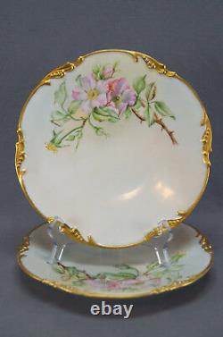 Pair of JP Limoges Hand Painted Pink Wild Rose & Gold 9 3/4 Inch Dinner Plates