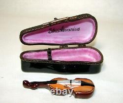 Peint Main Limoges Enamel Hinged Violin Case Trinket Box with removable Violin