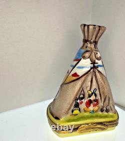 Peint Main Limoges France Hand Painted Native American Teepee Trinket Box EUC