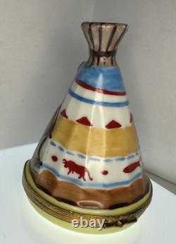 Peint Main Limoges France Hand Painted Native American Teepee Trinket Box EUC