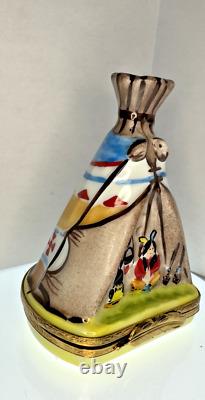 Peint Main Limoges France Hand Painted Native American Teepee Trinket Box EUC