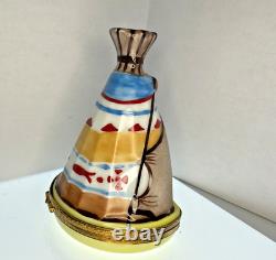 Peint Main Limoges France Hand Painted Native American Teepee Trinket Box EUC