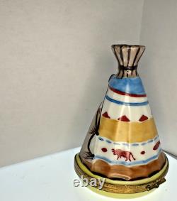 Peint Main Limoges France Hand Painted Native American Teepee Trinket Box EUC